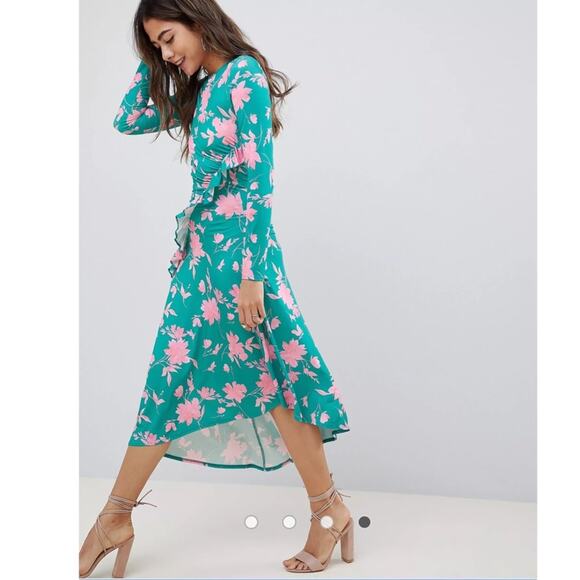 ASOS Turquoise Green and Pink Floral Ruched Ruffle Midi Dress 4 - Picture 3 of 8